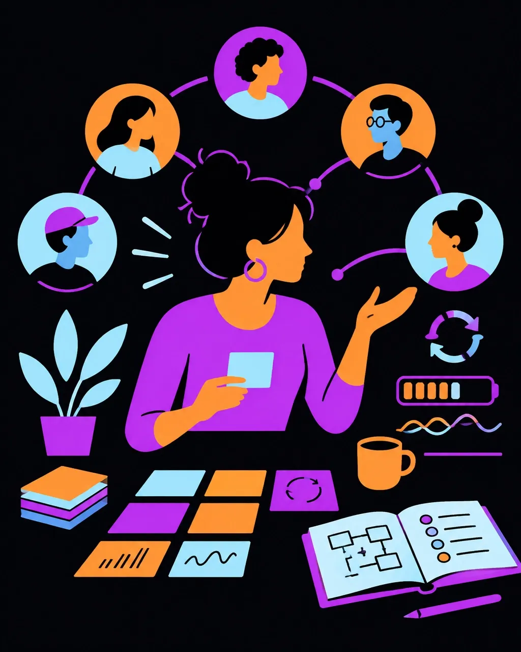 Minimalist vector illustration of a founder sharing an unfinished adaptive wellness system with a connected community