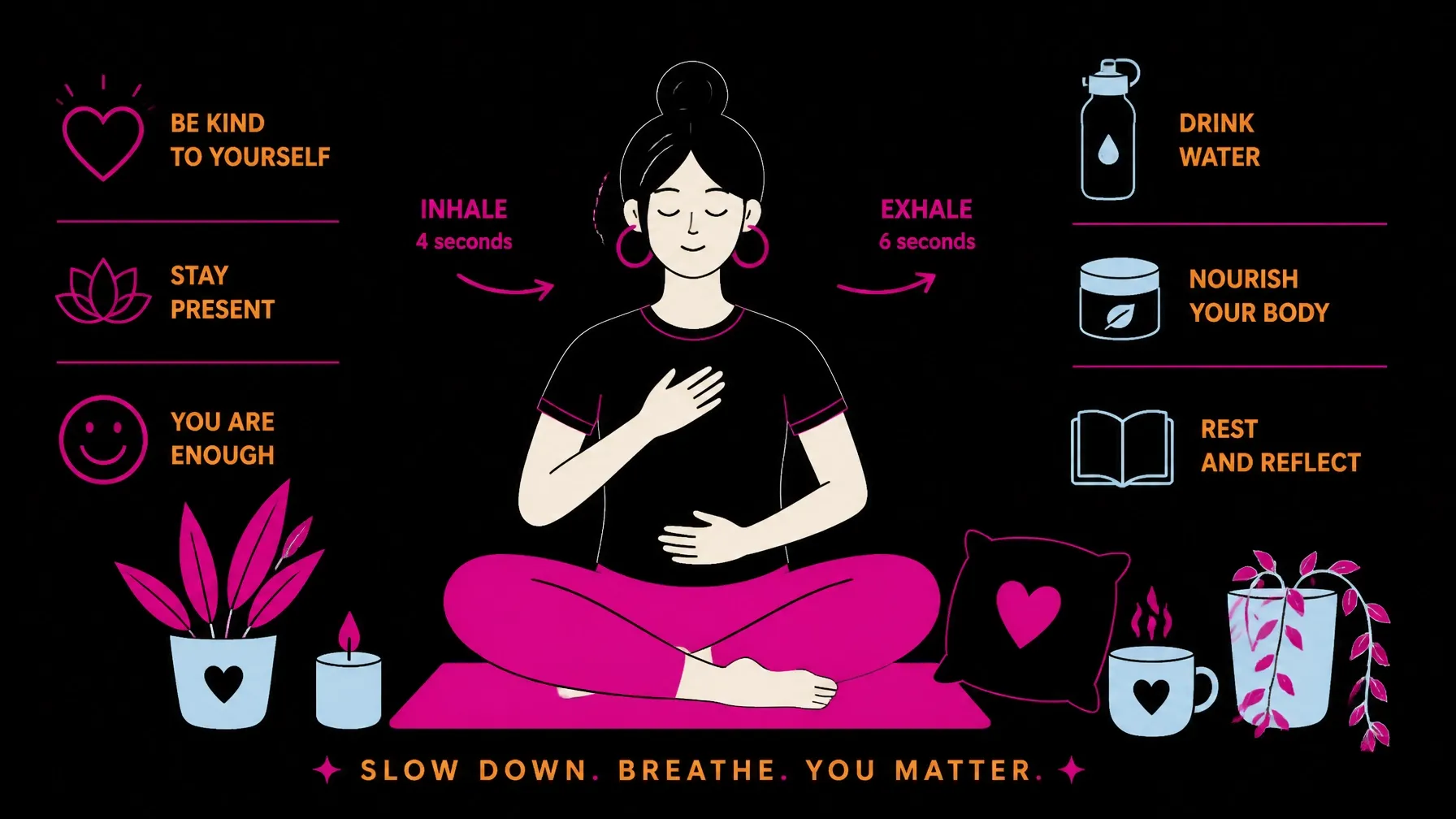 Illustration of a woman using mindful breathing as part of gentle at-home lymphatic self-care