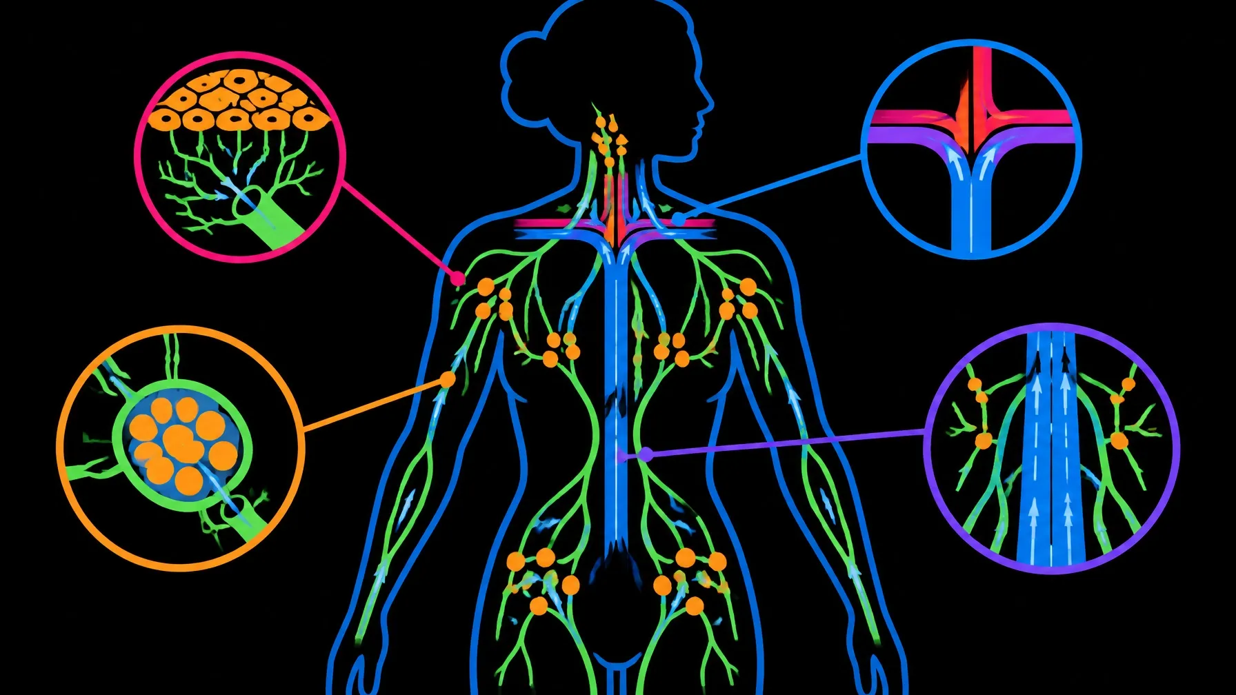 Minimalist illustration of lymphatic flow from body tissues through lymph nodes and toward the collarbones
