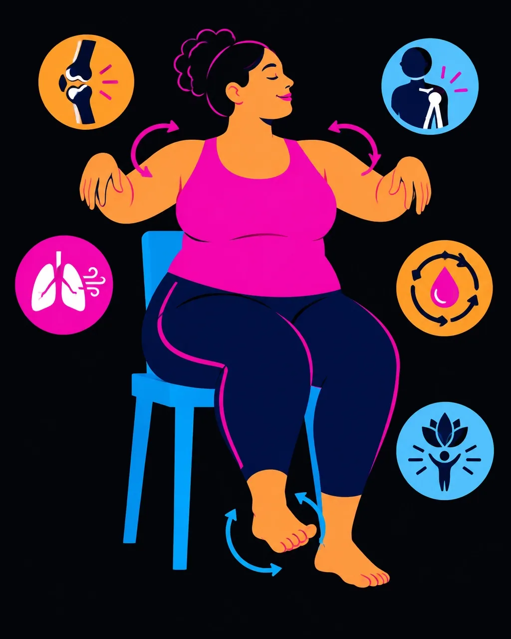 Minimalist vector illustration of a fuller-bodied woman practicing seated movement with circulation and mobility icons