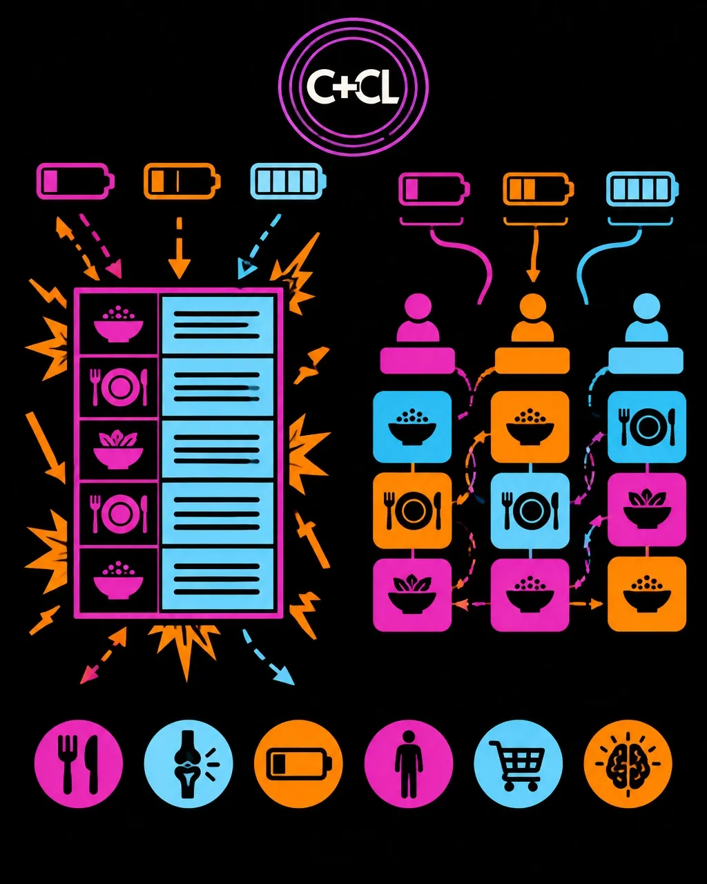 Flat vector illustration contrasting a rigid meal-plan grid with modular nourishment that adapts to changing capacity